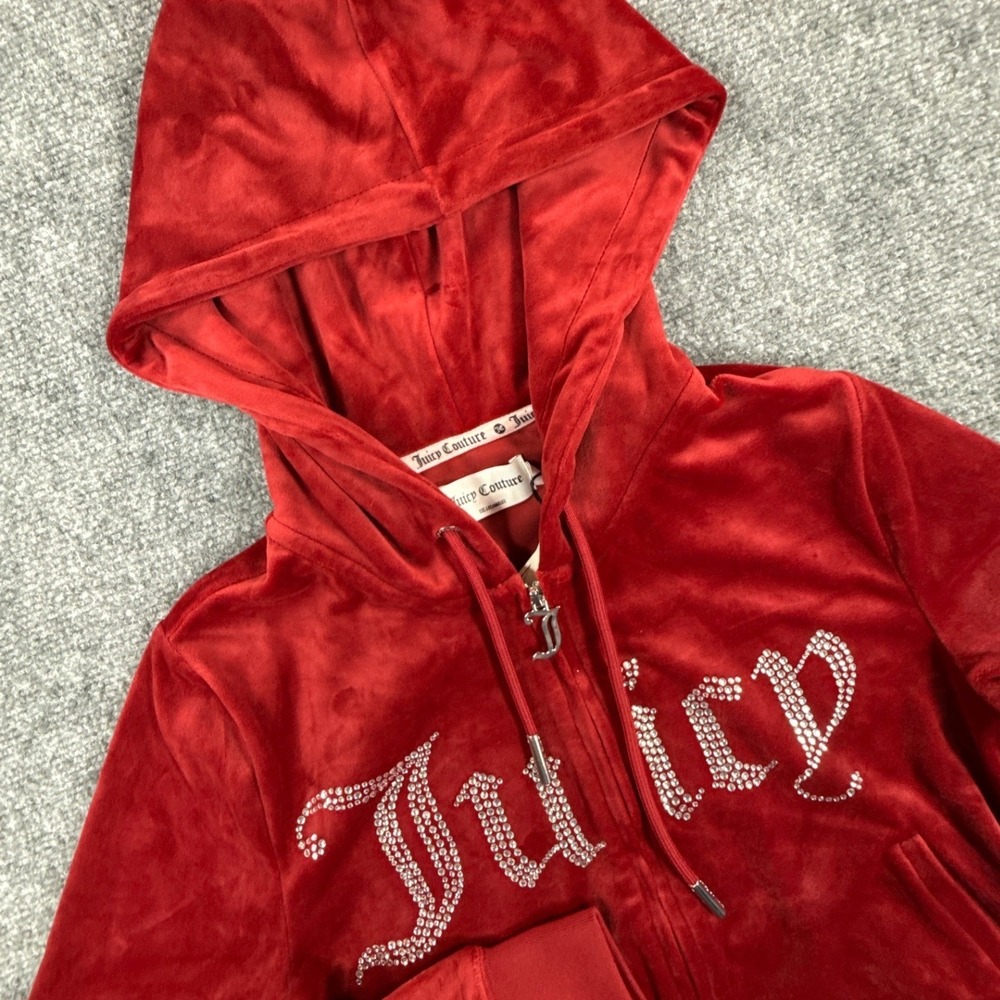 Juicy Couture Small Red Dahlia Velour Rhinestone Logo Zip Hoodie NWT